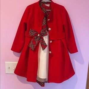 Girls' Dressy Red Plaid Pea Coat with Plaid Bow with accompanying Dress
